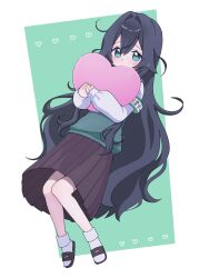  1girl armband black_skirt blue_eyes blue_hair blush closed_mouth commentary_request double-parted_bangs full_body green_armband green_background green_sweater_vest hair_between_eyes hair_intakes heart highres holding holding_heart kimi_no_koto_ga_dai_dai_dai_dai_daisuki_na_100-nin_no_kanojo long_hair long_sleeves looking_at_viewer medium_skirt multicolored_armband ohananomitsu_high_school_uniform pleated_skirt school_uniform shirt skirt sleeves_past_wrists smile socks solo sweater_vest twitter_username two-tone_background very_long_hair wabi_warabi white_armband white_background white_shirt white_socks yoshimoto_shizuka 