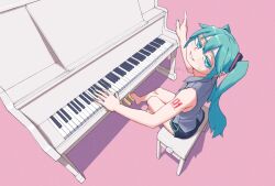 1girl adapted_costume aqua_eyes aqua_hair bare_arms barefoot black_shorts from_above grey_shirt hatsune_miku highres instrument kanbaru_mitsuki long_hair looking_at_viewer looking_up music piano playing_instrument playing_piano shirt short_shorts shorts sitting sleeveless sleeveless_shirt solo twintails vocaloid 