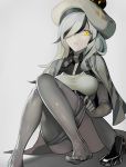  1girl between_breasts breasts brown_eyes cape elbow_gloves eyebrows eyebrows_visible_through_hair eyes_visible_through_hair feet full_body gloves grey_background grey_gloves grey_hair grey_legwear grey_skirt hair_over_one_eye hat highres kantai_collection lips long_hair looking_at_viewer medium_breasts open_mouth pale_skin pantyhose pantyhose_pull seaplane_tender_water_hime shadow shinkaisei-kan shoes_removed simple_background skirt solo toes walzrj 
