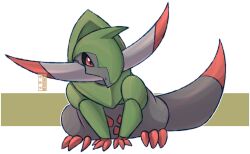  black_sclera closed_mouth colored_sclera commentary dualcosmog fraxure full_body highres no_humans outline pokemon pokemon_(creature) pokemon_focus red_eyes solo transparent_background tusks white_outline 