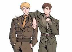  2boys adjusting_clothes adjusting_necktie arm_around_shoulder artist_name belt blonde_hair blue_eyes breast_pocket brown_belt brown_hair brown_jacket brown_pants brown_shirt bucky_barnes captain_america:_the_first_avenger captain_america_(series) closed_mouth collared_shirt cowboy_shot dated english_commentary green_jacket green_pants grey_necktie grey_shirt hand_up hands_in_pockets highres jacket lapels lips long_sleeves looking_at_viewer male_focus marvel military military_jacket military_rank_insignia military_uniform multiple_boys necktie orange_necktie pants phoenix227777 pocket shirt short_hair simple_background smile standing steve_rogers united_states_army white_background 