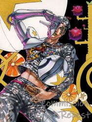  1boy anchor_print anchor_symbol belt belt_buckle black_hair brown_neckerchief bubble buckle character_print compass_rose dixie_cup_hat english_commentary food fruit green_lips grey_hat grey_pants grey_sailor_collar hat higashikata_josuke_(jojolion) highres humanoid_robot joints jojo_no_kimyou_na_bouken jojo_pose jojolion lemon lemon_slice locacaca long_sleeves makeup male_focus marker_(medium) maya_panda midriff military_hat navel neckerchief orange_(fruit) orange_slice pants pink_belt robot robot_joints sailor sailor_collar sailor_hat salute shoulder_pads soft_&amp;_wet solo stand_(jojo) star_(symbol) star_print teeth tooth_gap traditional_media 