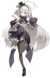  1girl absurdres ascot black_gloves black_headband black_overskirt blue_archive blush crossed_bangs detached_sleeves flower frilled_sleeves frills full_body gloves green_ascot green_flower green_rose grey_hair grey_halo halo hashtag-only_commentary hat hat_flower headband heart heart_hands highres idol idol_clothes leg_up long_hair mini_hat mini_top_hat official_alternate_costume open_mouth pantyhose ramuri red_eyes rose sakurako_(blue_archive) sakurako_(idol)_(blue_archive) simple_background smile solo standing standing_on_one_leg striped_clothes striped_pantyhose top_hat vertical-striped_clothes vertical-striped_pantyhose white_background wide_sleeves 