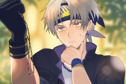  1boy bead_necklace beads black_gloves black_jacket blue_headband blurry blurry_background brown_eyes closed_mouth commentary_request earrings final_fantasy final_fantasy_vi furrowed_brow gloves grey_hair hand_on_own_chin headband holding holding_jewelry holding_necklace jacket jewelry kiyuu light_frown locke_cole male_focus necklace parted_bangs shirt short_hair single_glove solo sweatdrop upper_body white_shirt 