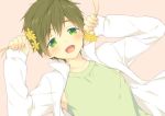  1boy blush brown_hair child flower free! funikurikurara green_eyes looking_at_viewer male_focus shirt simple_background tachibana_makoto younger 