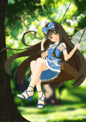  1girl :d absurdres adapted_costume bare_arms bare_legs bare_shoulders blue_bow blue_dress blue_ribbon blunt_bangs blurry blurry_background bow brown_eyes chinese_commentary commentary_request day dress fairy_wings flat_chest floating_hair full_body hair_bow hands_up happy high_heel_sandals high_heels highres knees_together_feet_apart long_hair looking_at_viewer on_swing open_mouth outdoors ribbon sandals see-through_clothes sitting smile solo star_(symbol) star_print star_sapphire swing swinging_on_swing toes touhou tree very_long_hair wings wrainman 