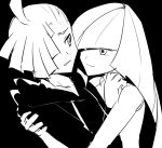  1boy 1girl asymmetrical_hair bare_arms black_background closed_mouth collarbone dress empty_eyes gladio_(pokemon) hair_over_one_eye hood hood_down hoodie hug kometubu0712 long_hair looking_at_another lusamine_(pokemon) monochrome mother_and_son pokemon pokemon_(game) pokemon_sm short_hair simple_background sleeveless sleeveless_dress smile upper_body 