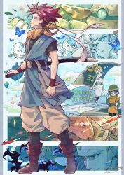  3boys 3girls anniversary armlet ayla_(chrono_trigger) baggy_pants bare_shoulders belt bike_shorts black_belt black_shirt black_shorts blonde_hair blue_butterfly blue_eyes blue_tunic boots border breasts brown_boots bug butterfly chrono_trigger cloak closed_mouth commentary_request copyright_name cow crono_(chrono_trigger) cross-shaped_pupils curly_hair earrings epoch falling_leaves frog_boy full_body fur_wrist_cuffs furrowed_brow glenn_(chrono_trigger) gold_armlet gold_bracer gold_choker green_cloak grey_hair hair_between_eyes hand_on_own_hip headband headset helmet holding holding_sword holding_weapon horizontal_pupils jewelry leaf long_hair lucca_ashtear magus_(chrono_trigger) marle_(chrono_trigger) maruno medium_breasts multiple_boys multiple_girls neck_ring neckerchief one_eye_closed open-toe_shoes open_mouth orange_neckerchief orange_tunic pants parted_lips pointing pointing_up ponytail purple_hair red_hair robo_(chrono_trigger) robot romper shirt short_hair short_sleeves shorts sitting smile spiky_hair standing sword symbol-shaped_pupils tooth_earrings tunic twitter_username utility_belt waist_bag weapon white_border white_headband white_pants white_romper wrist_cuffs yellow_neckerchief 