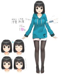  1girl black_eyes black_hair black_pantyhose black_thighhighs blue_hoodie blue_sweater bob_cut character_name commentary_request highres hood hood_down hooded_sweater hoodie k1kojima long_sleeves looking_at_viewer multiple_views no_shoes original pantyhose short_hair shorts simple_background smile solo suzunatsu_ichiha sweater thigh-highs white_background white_shorts 