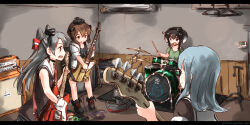  4girls air_conditioner alternate_costume amatsukaze_(kancolle) anchor_symbol band_(music) black_boots black_hair blue_hair boots brown_hair clothes_hanger dated dress drum drum_set drumsticks fang gloves green_shirt grey_hair guitar hair_tubes hatsukaze_(kancolle) headgear holding holding_instrument ice_(icegray) indoors instrument kantai_collection letterboxed long_hair multicolored_hair multiple_girls music open_mouth playing_instrument rensouhou-kun sailor_collar sailor_dress shirt short_hair_with_long_locks single_glove tokitsukaze_(kancolle) two_side_up white_gloves white_hair white_sailor_collar yukikaze_(kancolle) 