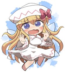  1girl @_@ barefoot blonde_hair blue_eyes blush bow breasts chibi chibi_only commentary_request dress fairy_wings full_body hair_between_eyes hands_up hat hat_bow highres lily_white long_hair open_mouth red_bow rokugou_daisuke signature solo standing tears touhou white_dress white_hat wings 