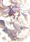  1girl artist_name bangs bow bowtie bridal_gauntlets copyright_request crossed_arms detached_sleeves dress elbow_gloves frilled_dress frills gloves hand_on_own_chin long_hair looking_at_viewer papers pointy_ears purple_hair quad_tails smile solo sukja very_long_hair violet_eyes wide_sleeves 