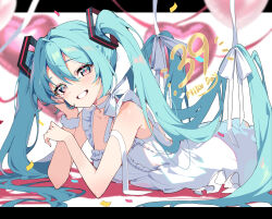  1girl apron arm_support balloon bare_shoulders blue_eyes blue_hair blush bow from_side grin hair_bow hand_on_own_cheek hand_on_own_face happy hatsune_miku head_rest heart_balloon highres long_hair looking_at_viewer lying miku_day on_stomach smile solo twintails very_long_hair vocaloid white_apron white_bow yotte 