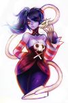  1girl bare_shoulders blue_skin breasts cleavage detached_collar detached_sleeves dress leviathan_(skullgirls) skull skullgirls solo squigly_(skullgirls) stitched_mouth striped striped_sleeves viorie zombie 