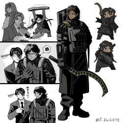  1boy 2girls ? angry armor ascot black_armor black_coat black_eyes black_gloves black_hair black_jacket black_pants black_shoes black_suit black_tunic broken broken_weapon brown_hair burn_scar chibi chibi_inset coat collared_shirt commentary_request cracked_mask cuts dark-skinned_female dark_skin deep_wound dias_(project_moon) earrings expressionless eye_mask eye_of_horus f_duck478 frilled_ascot frills gloves gold_trim gun half_eye_mask half_mask highres holding holding_gun holding_weapon injury jacket jamila_(project_moon) jewelry khopesh lapels layered_ascot limbus_company long_hair long_sleeves mask mask_over_one_eye medium_hair multicolored_hair multiple_girls notched_lapels one_eye_closed pager pants partially_colored project_moon rien_(project_moon) rifle scar shaded_face shirt shoes short_hair simple_background smile spoken_squiggle squiggle streaked_hair suit suit_jacket tantrum the_distortion_detective throwing_weapon torn_clothes trait_connection tunic twitter_username udjat_(project_moon) vest vest_pouch weapon white_ascot white_background white_gloves white_mask white_shirt white_streaks wolf_cut 