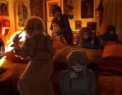  5girls bed bedroom black_hair blanket blonde_hair bottle brown_hair closed_mouth curtains don_quixote_(project_moon) dress faust_(project_moon) glasses hashtag-only_commentary herbbbbby holding holding_bottle holding_pen indoors limbus_company multiple_girls open_mouth outis_(project_moon) pen pillow project_moon ribbed_sweater rodion_(project_moon) ryoshu_(project_moon) short_hair smile sweater watch watch white_dress white_hair yellow_eyes 