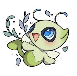  absurdres antennae bubble celebi colored_skin commentary english_commentary fairy_wings full_body green_skin happy highres leaf looking_up no_humans pokemon pokemon_(creature) pokemon_focus sevi_(seviyummy) smile solo sparkle white_background wings 