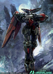  armor armored_skirt artist_name building city commentary copyright_name crossed_arms debris facing_viewer fingernails full_moon g_gundam green_eyes gundam gundam_arsenal_base hayaken_sarena joints looking_at_viewer master_gundam mecha mecha_focus mechanical_wings mobile_suit moon night no_humans no_pupils official_art outdoors robot robot_joints ruins science_fiction sharp_fingernails shoulder_armor signature sky spiked_feet v-fin wings 