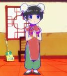  1girl black_hair breasts chair china_dress double_bun hair_bun indoors open_mouth osomatsu-san screencap shaolin_(osomatsu-san) small_breasts stitched 