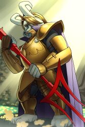  1boy animal_feet armor asgore_dreemurr beard blonde_hair cape commentary_request crown facial_hair flower from_side full_armor full_body furry furry_male goat_boy gold_armor grass highres katahane3 king male_focus mature_male polearm purple_cape solo sunlight trident undertale utdr_(toby_fox) weapon 