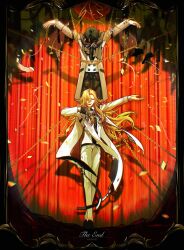  6+boys absurdres black_pants black_shoes blonde_hair bound bound_wrists brown_hair chain chinese_commentary chromatic_aberration clone coat commentary_request confetti curtains english_text full_body gloves gold_chain green_eyes grey_coat grey_scarf hair_over_one_eye hand_on_own_chest highres honkai:_star_rail honkai_(series) long_hair long_sleeves looking_at_viewer looking_down male_focus multiple_boys open_clothes open_coat open_mouth outstretched_arm pants partial_commentary qianli73852 scarf shoes short_hair sidelocks single_glove smile spotlight stole tied_up_(nonsexual) very_long_hair void_archives welt_yang 