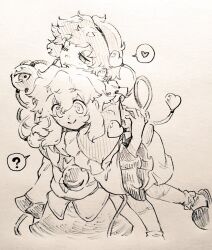  2girls :| ? arms_around_neck blouse bobby_socks buttons closed_mouth commentary_request diamond_button floating frilled_shirt_collar frilled_sleeves frills greyscale hair_between_eyes hair_ornament hairband hand_on_another's_back hand_up hatching_(texture) head_on_head head_rest heart heart_hair_ornament hug jitome komeiji_koishi komeiji_satori light_blush linear_hatching long_sleeves looking_at_another looking_down looking_to_the_side medium_hair menotama messy_hair missing_headwear monochrome multiple_girls one_eye_closed own_hands_together ribbon_trim shirt short_hair siblings simple_background sisters skirt slippers smile socks spoken_heart spoken_question_mark standing third_eye touhou traditional_media upper_body white_background wide-eyed wide_sleeves 