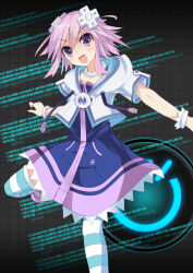  1girl binary choker commentary commentary_request cropped_hoodie d-pad d-pad_hair_ornament drawstring emblem flat_chest hair_ornament highres hood hoodie medium_hair neptune_(neptunia) neptune_(series) open_mouth padocchi_(kurokitsune) power_symbol purple_hair sidelocks smile socks solo striped_clothes striped_socks striped_thighhighs thigh-highs violet_eyes 
