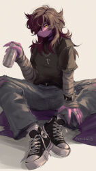  1girl alternate_costume an-coinin artist_name black_choker black_shirt black_shoes brown_hair can choker colored_sclera colored_skin cross cross_necklace deltarune fingernails freckles furry furry_female grey_pants hair_over_one_eye highres holding holding_can jewelry long_hair looking_at_viewer necklace one_eye_covered pants pink_skin ring sharp_fingernails shirt shoes signature simple_background sitting sneakers solo susie_(deltarune) torn_clothes torn_pants utdr_(toby_fox) white_background yellow_sclera 