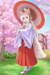 1girl :d absurdres animal_ear_fluff animal_ears blue_sky bridge brown_hair brown_sandals cherry_blossoms commentary_request day folded_ponytail fox_ears fox_girl fox_tail hair_between_eyes hakama hakama_skirt highres holding holding_umbrella iroha_(iroha_matsurika) japan japanese japanese_clothes kimono koyoi_(iroha_(iroha_matsurika)) long_hair looking_at_viewer miko oil-paper_umbrella original outdoors petals purple_eyes railing red_hakama red_kimono sandals skirt sky smile socks solo tabi tail tree umbrella very_long_hair violet_eyes white_kimono white_socks zouri