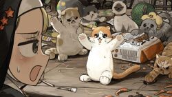  1girl baby_animal bird blonde_hair broken bug cat chicken chili_pepper cockroach commentary diva_(hyxpk) duck duckling english_commentary highres little_nuns_(diva) messy_room nun paint_tube paintbrush red_star spicy_nun_(diva) star_(symbol) sweatdrop traditional_nun yarn yarn_ball yellow_eyes 