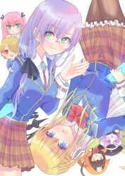  6+girls absurdres aikawa_megumi asakura_karen_(heaven_burns_red) blonde_hair blue_eyes bow bowtie brown_hair commentary_request glasses green_eyes hair_tie haru_meguru heaven_burns_red highres izumi_yuki_(heaven_burns_red) kayamori_ruka kunimi_tama long_hair multiple_girls neck_ribbon pink_eyes pink_hair red_bow red_bowtie red_eyes ribbon school_uniform short_hair simple_background toujou_tsukasa 