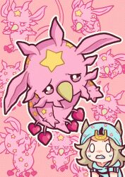  0_0 1boy beanie blonde_hair blue_hat blue_hoodie chibi clenched_teeth commentary_request hair_horns hat heart highres hood hood_down hoodie horseshoe_hat_ornament horseshoe_ornament johnny_joestar jojo_no_kimyou_na_bouken m_a_a_m_8 male_focus medium_hair multiple_views pink_background pink_theme short_sleeves solid_oval_eyes stand_(jojo) star_(symbol) star_print steel_ball_run sweatdrop teeth tusk_(stand) tusk_act1 