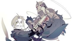  2boys ahoge alphonse_elric animal_on_shoulder armor automail black_gloves black_jacket blonde_hair braid brothers cat cat_on_shoulder cocked_eyebrow commentary_request edward_elric full_armor fullmetal_alchemist gloves grin highres horns jacket korean_commentary long_hair male_focus mechanical_arms military_uniform multiple_boys parted_bangs parted_lips plate_armor plume prosthesis prosthetic_arm prosthetic_weapon shoulder_spikes siblings single_braid single_horn single_mechanical_arm smile spikes teeth tosi_0604 upper_body white_background yellow_eyes 