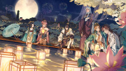 2girls 4boys absurdres aerial_fireworks aqua_robe black_choker black_dress black_gloves black_hair black_hanfu black_sash black_thighhighs blue_umbrella blurry boots brown_hair building chinese_clothes chinese_commentary choker closed_mouth clouds coat commentary_request crossed_arms curtained_hair daxiushan depth_of_field dress dutch_angle facial_mark fingerless_gloves fireworks flower flower_choker forehead_mark full_body full_moon gauntlets ginkgo_tree gloves goggles goggles_around_neck green_coat hair_between_eyes hair_flower hair_ornament hair_over_shoulder hair_rings hair_stick hanfu hezi highres hua_yi_shanxin_zhiyue jiemuye knee_boots kneeling lantern lantern_on_liquid ling_yan_ru long_hair long_hair_between_eyes long_sleeves looking_ahead looking_at_another looking_at_object looking_to_the_side lotus lotus_leaf lotus_pod mole mole_under_eye monocle moon multicolored_hair multiple_boys multiple_girls night oil-paper_umbrella on_one_knee open_clothes open_coat outdoors pants pants_tucked_in paper_lantern parted_bangs parted_lips pelvic_curtain peony_(flower) pier pink_flower pink_hanfu ponytail profile purple_hanfu purple_robe qixiong_ruqun red_eyes red_lips red_streaks reflection reflective_liquid robe sash short_ponytail sidelocks_tied_back sikong_che single_gauntlet smile standing streaked_hair tassel thigh-highs tower tree umbrella very_long_hair violet_eyes waist_sash water wei_yang wen_siyu white_boots white_coat white_dress white_hair white_hanfu white_robe wide_sleeves xiao_guan_(headdress) yellow_eyes yu_ze yuanlingpao yue_lian 