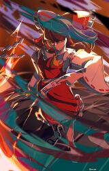  1girl :< absurdres artist_name ascot black_shoes blunt_bangs bow brown_eyes brown_hair derxon2 detached_sleeves english_commentary from_above full_body gohei hair_tubes hakurei_reimu highres holding holding_gohei holding_ofuda long_hair ofuda red_bow red_shirt red_skirt serious shirt shoes skirt sleeveless sleeveless_shirt socks solo standing touhou white_socks yellow_ascot 