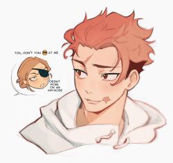  1boy 1girl brown_hair english_text eyepatch highres itadori_yuuji jujutsu_kaisen jujutsu_kaisen_modulo kugisaki_nobara mature_male messy_hair netlen3 old old_woman pink_hair spiky_hair undercut upper_body 