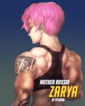  1girl artist_name back character_name female from_behind green_eyes highres muscle neck overwatch phantom_ix_row pink_hair short_hair tank_top tattoo upper_body water_drop zarya_(overwatch) 