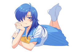  1girl blue_eyes blue_hair bow commentary_request crossed_arms hair_over_one_eye head_rest highres himoo_yuina james_(jms-pnt) kirameki_high_school_uniform_(summer) long_hair long_skirt looking_at_viewer lying on_stomach sailor_collar school_uniform serafuku skirt smile smirk socks solo striped_collar the_pose tokimeki_memorial tokimeki_memorial_1 white_socks yellow_bow 