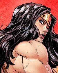  1girl black_hair blue_eyes blue_skirt circlet closed_mouth commentary dc_comics english_commentary highres long_hair looking_back red_lips sergacuna signature skirt toned toned_female wonder_woman wonder_woman_(series) wrist_guards 