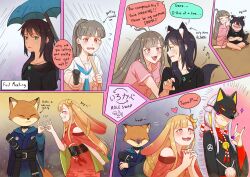  +_+ 3girls ahoge alternate_universe animal_costume animal_ears arrow_(symbol) black_shirt blue_kimono blue_neckerchief brown_hair cho_kaguya-hime! closed_mouth colored_speech_bubble commentary crescent crescent_hair_ornament crossed_arms english_commentary english_text eye_contact fox_costume fox_ears fox_girl fox_mask fox_shadow_puppet fox_shadow_puppet_kiss fox_tail green_eyes grey_hair hair_ornament heart heart-shaped_pupils highres holding holding_umbrella interlocked_fingers japanese_clothes kaguya_(cho_kaguya-hime!) kimono kitsune kitsuneotaku03 looking_at_another lop_rabbit_ears mask mixed-language_commentary mole mole_under_eye multiple_girls neckerchief open_mouth orange_eyes own_hands_clasped own_hands_together parted_lips pink_shirt profile rabbit_ears rain red_kimono role_reversal sailor_collar sakayori_iroha school_uniform serafuku shirt sidelocks smile speech_bubble split_mouth symbol-shaped_pupils tail tail_wagging translation_request turn_pale umbrella white_sailor_collar white_shirt 
