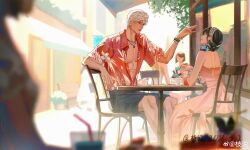  1boy 1girl absurdres aegyo_sal bare_back bare_shoulders black_hair bracelet braid chinese_commentary closed_mouth collared_shirt commentary_request denim denim_shorts dress floral_print floral_print_shirt food gradient_clothes gradient_dress hair_ornament hawaiian_shirt hibiscus_print highres ice_cream jewelry long_hair looking_at_another love_and_deepspace necklace nose open_clothes open_mouth open_shirt pink_dress protagonist_(love_and_deepspace) red_eyes red_shirt shirt short_hair shorts single_braid smile sylus_(love_and_deepspace) white_hair zhishuo418 