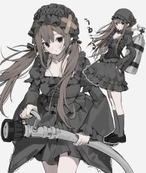  1girl black_corset black_dress black_ribbon black_shoes black_socks blush_stickers brown_eyes brown_hair corset dress frilled_shirt frills gauze gauze_on_cheek hair_between_eyes hair_ribbon hairband highres holding holding_hose hose juliet_sleeves lolita_hairband long_hair long_sidelocks long_sleeves looking_at_viewer multiple_views nyzziz original puffy_sleeves ribbon shirt shoes sidelocks simple_background single_blush_sticker socks tearing_up twintails underbust white_background 