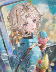  1boy absurdres black_shirt blue_shirt brown_bag clouds crossbody_bag curtained_hair dutch_angle eyes_visible_through_hair eyewear_on_head fingernails food hair_ribbon highres holding holding_food holding_ice_cream ice_cream identity_v joseph_desaulniers layered_clothes long_fingernails male_focus medium_hair open_mouth outdoors pov pov_hands ribbon shirt solo_focus sparkle tongue tongue_out white_hair window xiaomianduoshao 