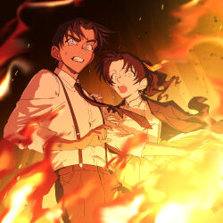  1boy 1girl absurdres black_necktie black_pants blue_eyes clenched_teeth collared_shirt commentary_request embers fire green_eyes hattori_heiji highres jacket jacket_on_shoulders meitantei_conan necktie open_mouth pants ponytail ribbon scared shirt short_hair suspenders teeth tkc_(tkoshinchan) tooyama_kazuha yellow_ribbon 