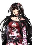  1girl armor bare_shoulders belt black_hair braid breasts brown_eyes choker coat navel open_mouth short_shorts shorts tales_of_(series) tales_of_berseria torn_clothes under_boob velvet_crowe very_long_hair 