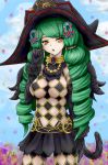  1girl bangs black_gloves black_hat black_skirt breasts fiore_burnelli green_hair green_lipstick hair_ornament hat kiteh4ck large_breasts lipstick long_hair makeup miniskirt skirt solo sorceress star_ocean star_ocean_integrity_and_faithlessness twin_drills witch witch_hat wizard yellow_eyes 