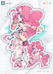  2girls absurdly_long_hair absurdres animal_ears arm_warmers artist_name big_hair blue_bow blue_eyes blush bow choker color_guide colored_skin commentary creature_and_personification cropped_shirt curly_hair cutie_mark english_commentary fake_animal_ears full_body furry furry_female hair_bow high_ponytail highres horse_ears jewelry knee_pads leg_warmers long_hair multiple_girls my_little_pony my_little_pony:_friendship_is_magic necklace one_eye_closed outline personification pink_arm_warmers pink_choker pink_hair pink_skin pink_skirt pinkie_pie pleated_skirt pony_(animal) ponytail roller_skates rookive shirt skates skirt sleeveless sleeveless_shirt smile striped_arm_warmers thighs v v_over_eye very_long_hair visor_cap white_bow white_leg_warmers white_outline white_shirt yellow_bow 