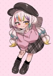  1girl alternate_costume black_boots black_hat black_skirt black_socks boots commentary_request full_body grey_scarf hand_on_own_knee hand_up hat heterochromia highres jacket jogasaki_noah leaning_forward long_hair long_sleeves looking_at_viewer mahou_shoujo_no_majo_saiban multi-tied_hair multicolored_hair pink_jacket scarf skirt smile socks solo streaked_hair suno_(imydream) white_hair winter_clothes yellow_eyes 