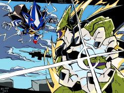  2boys aircraft animal_ears aura battle black_border black_cape black_nails black_sclera blue_eyes blue_sky blue_spine border cape cell_(dragon_ball) character_name claws clouds colored_sclera colored_skin commentary crossover death_battle diffraction_spikes dillfem101 dragon_ball dragon_ball_z duel electricity energy_ball english_commentary flying glint gloves green_skin hedgehog_boy highres humanoid_robot incoming_attack jet_boots kamehameha_(dragon_ball) looking_at_another male_focus metal_sonic multiple_boys neo_metal_sonic open_hand outdoors parody perfect_cell pixel_eyes powering_up red_eyes robot sky sonic_(series) sonic_heroes spiked_wristband style_parody tail white_gloves wings 