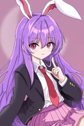  13nonaigdaz 1girl animal_ears black_jacket blazer blush_stickers collared_shirt commentary_request cowboy_shot hair_between_eyes jacket long_hair long_sleeves looking_at_viewer miniskirt open_clothes pink_skirt pleated_skirt pointing pointing_at_self purple_hair rabbit_ears red_eyes reisen_udongein_inaba shirt shirt_tucked_in skirt smile solo touhou very_long_hair white_shirt 